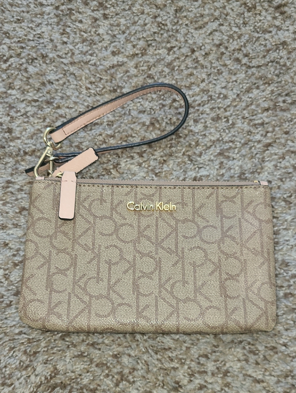 Calvin Klein Tan Logo Wristlet Clutch with Pink Strap Accents